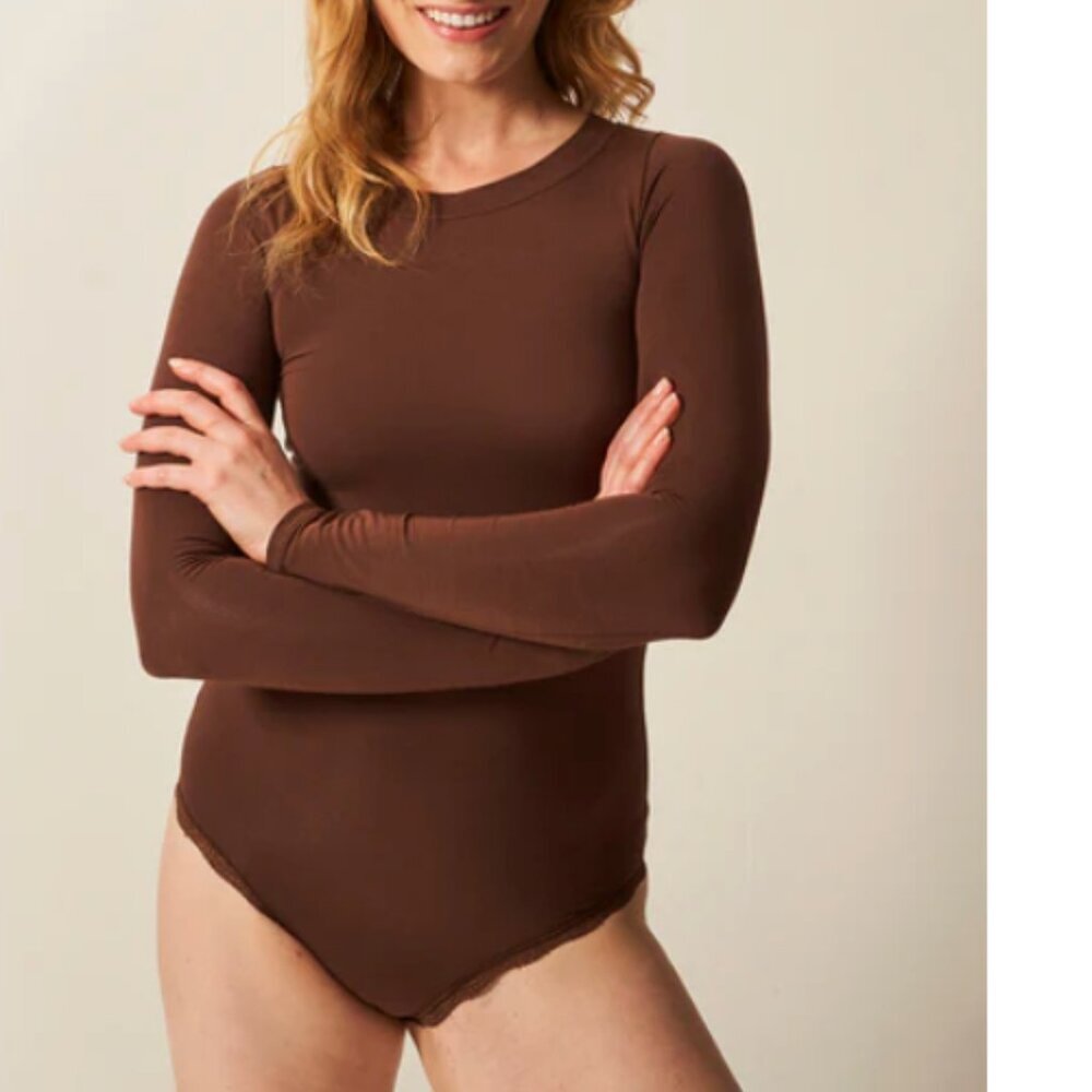 Stripe & Stare Chocolate Brown Long Sleeve Fitted Bodysuit NWOT Size Medium